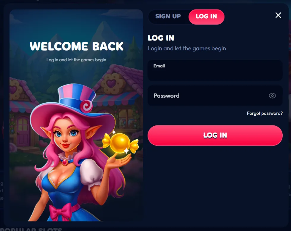 Gambiva Casino login window with email and password fields and the Log In button