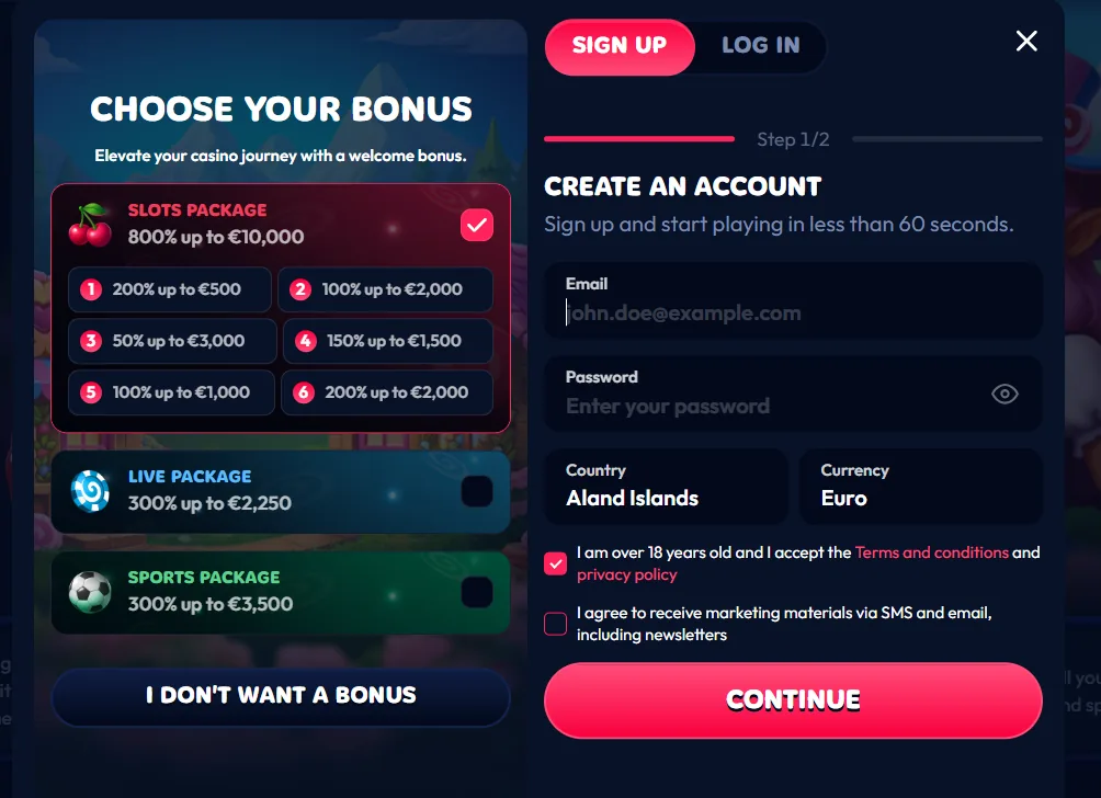 Gambiva sign up form with bonus choice, email, password, country and currency fields