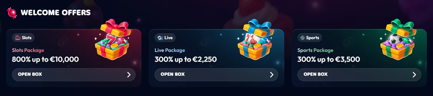 Gambiva welcome offers: slots package 800% up to €10,000, live package 300% up to €2,250, sports package 300% up to €3,500
